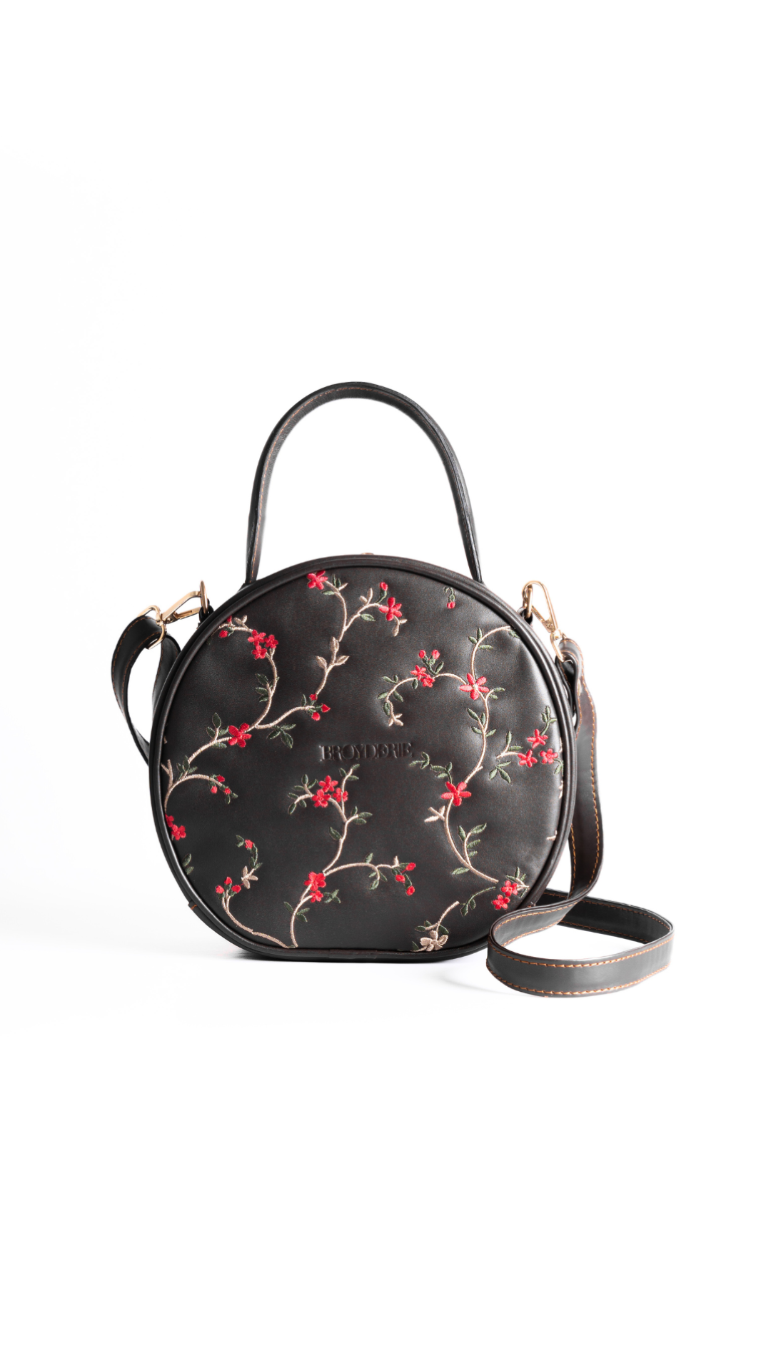 Round Leather Embroidered Black Bag Elva