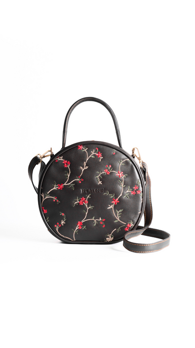 Round Leather Embroidered Black Bag